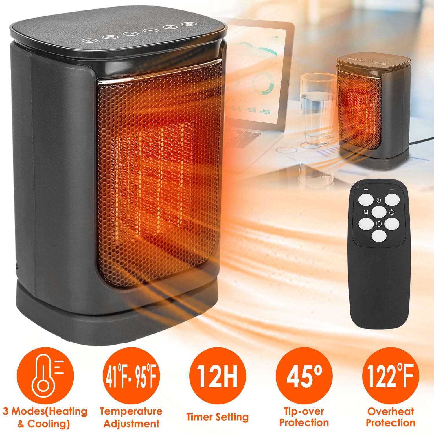 1500W Electric Space Heater Ceramic Heater Fan with 3 Modes Remote Control Digital Display Household Appliances - DailySale