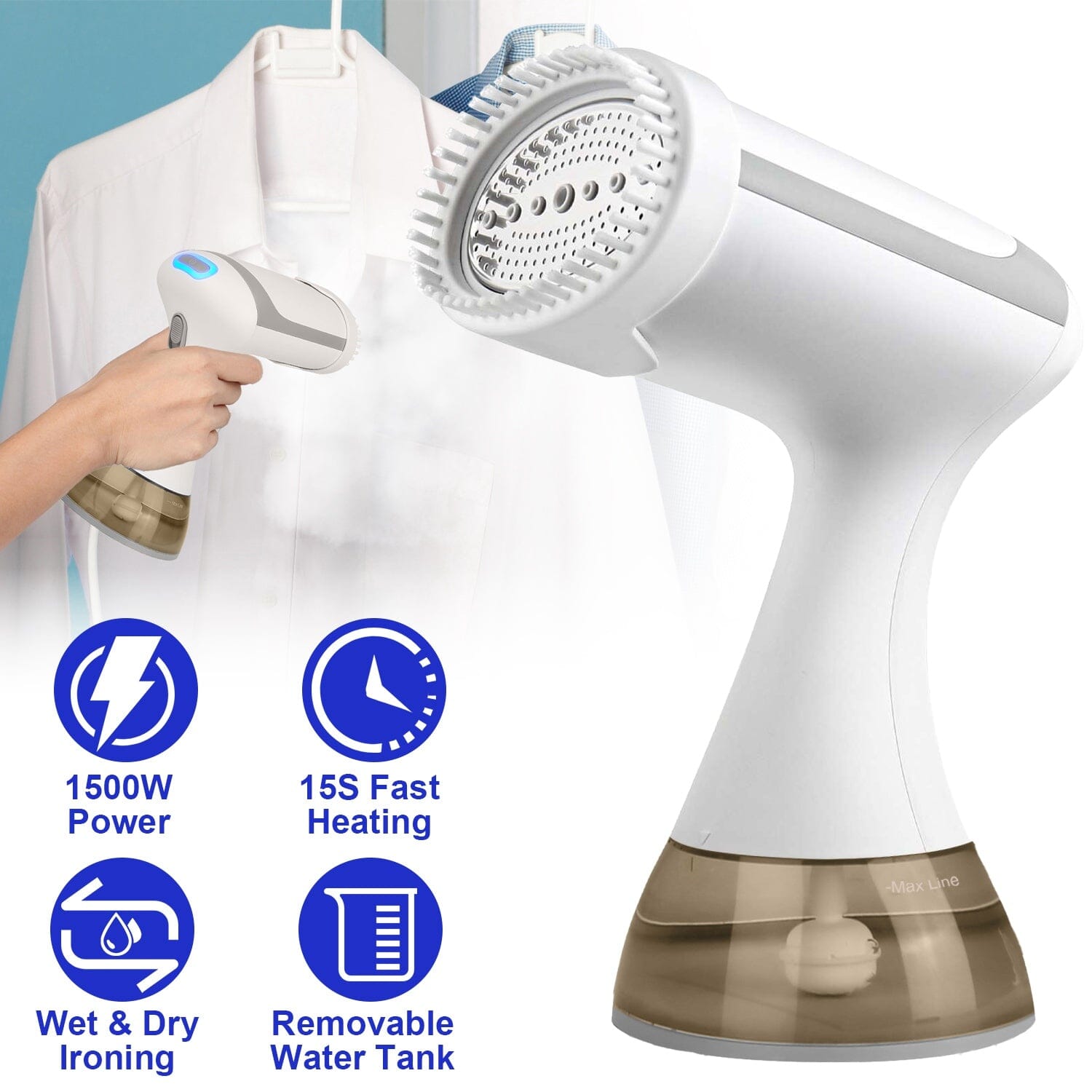 1500W Garment Steamer Portable Handheld Fabric Steamer with Lint Brush Removable 350ml Water Tank Household Appliances - DailySale