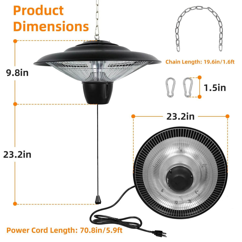 1500W Outdoor Hanging Patio Ultra-Quiet Electric Heating Lamp Garden & Patio - DailySale