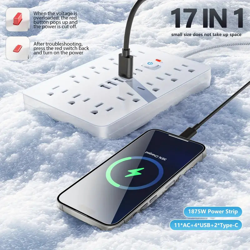 17-in-1 Surge Protector Power Cord 5Ft Braided Flat Extension Cable with 6 USB Chargers, 2 USB C, 11 AC Power Outlets Batteries & Power Accessories - DailySale