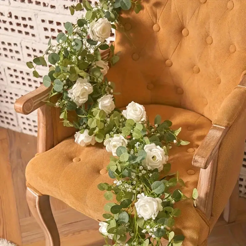 Artificial Eucalyptus Garland With Fake Roses & Gypsophila, Faux Floral Greenery