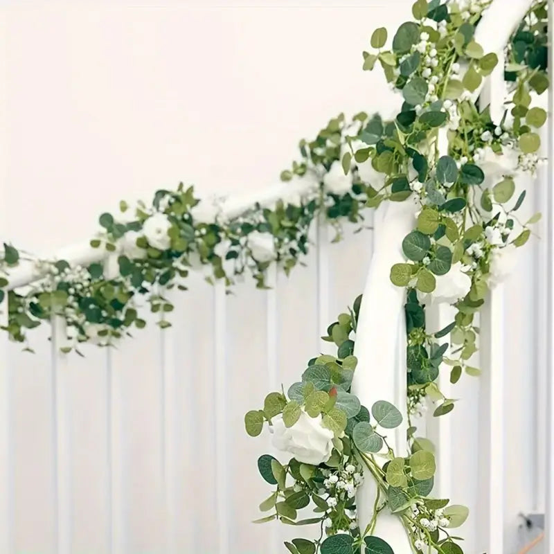 Artificial Eucalyptus Garland With Fake Roses & Gypsophila, Faux Floral Greenery