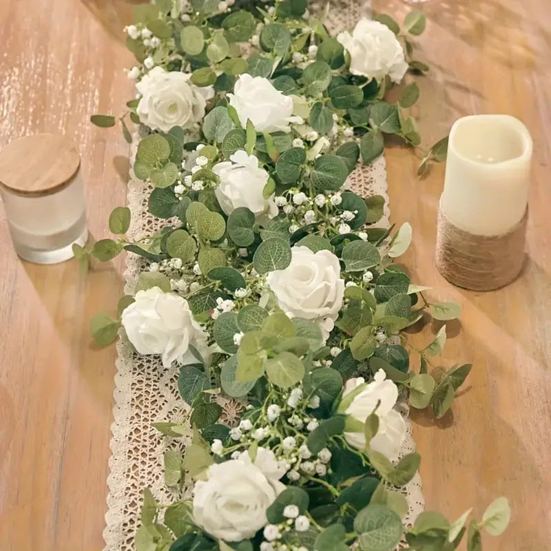 Artificial Eucalyptus Garland With Fake Roses & Gypsophila, Faux Floral Greenery