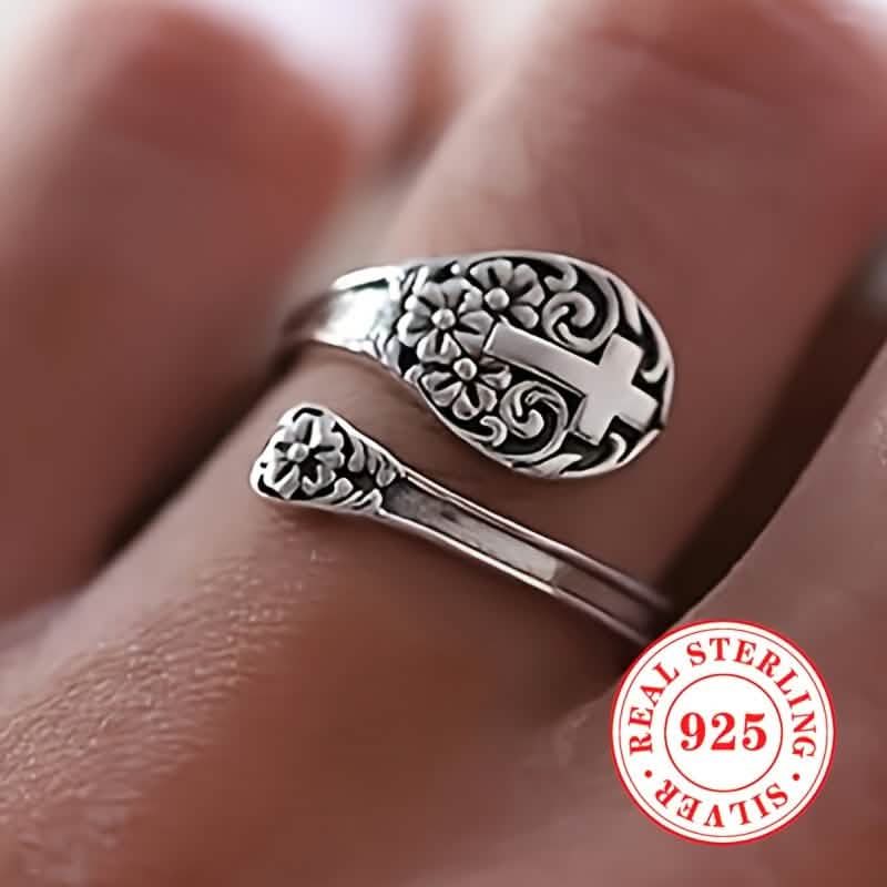 925 Sterling Silver Bohemian Faith Ring – Adjustable Vintage Cross