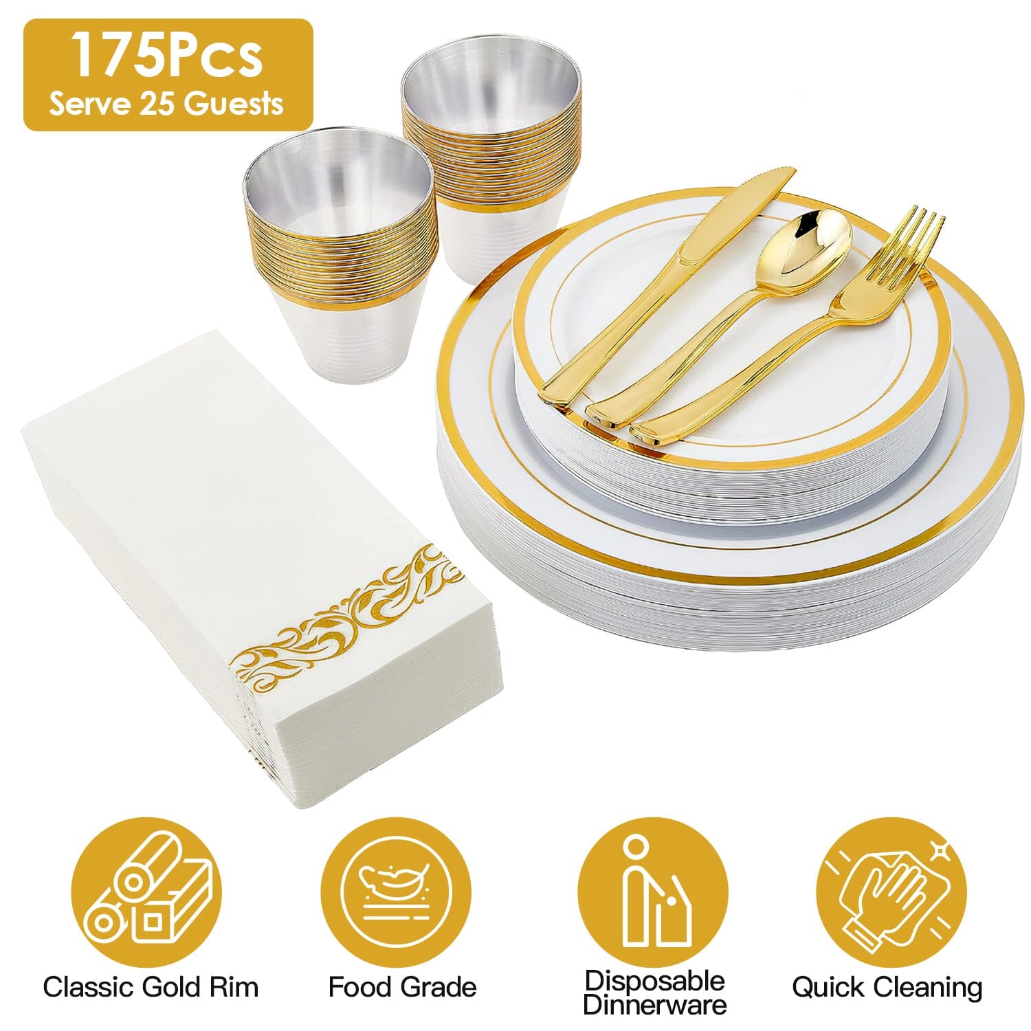 175-Pieces: Disposable Gold Dinnerware Set Wine & Dining - DailySale