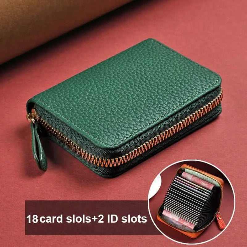 Dark green RFID card wallet, closed, with interior inset
