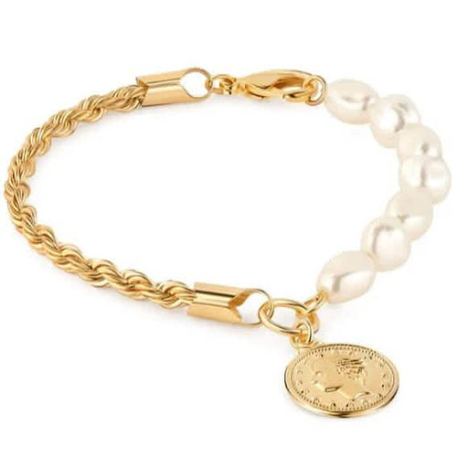18K Gold Rope and Pearl Bracelet with Coin Charm 8" Bracelets - DailySale