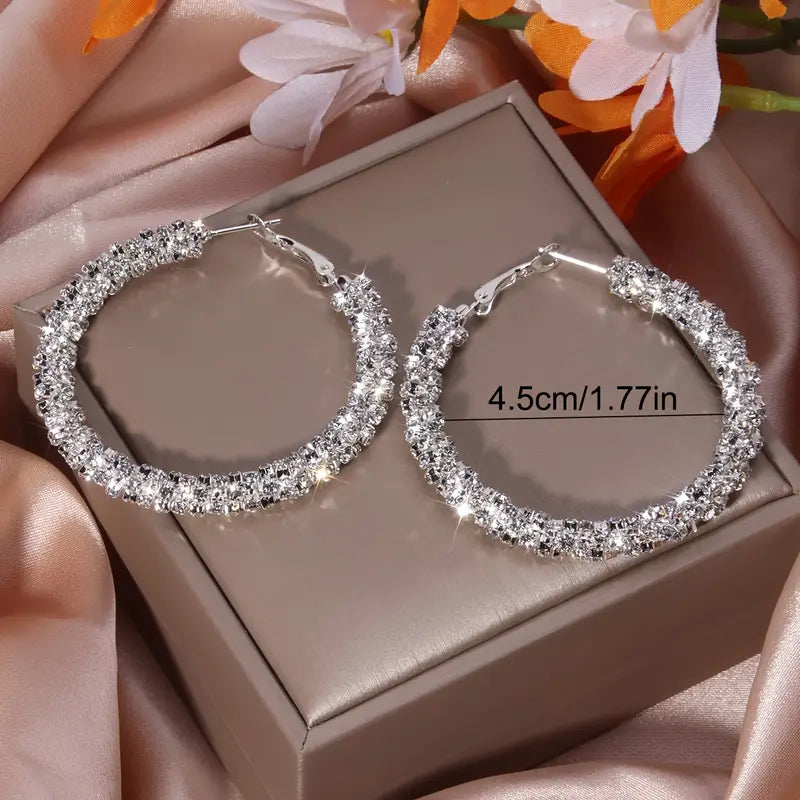 Large Full Rhinestone Silver Plated Hoop Earrings