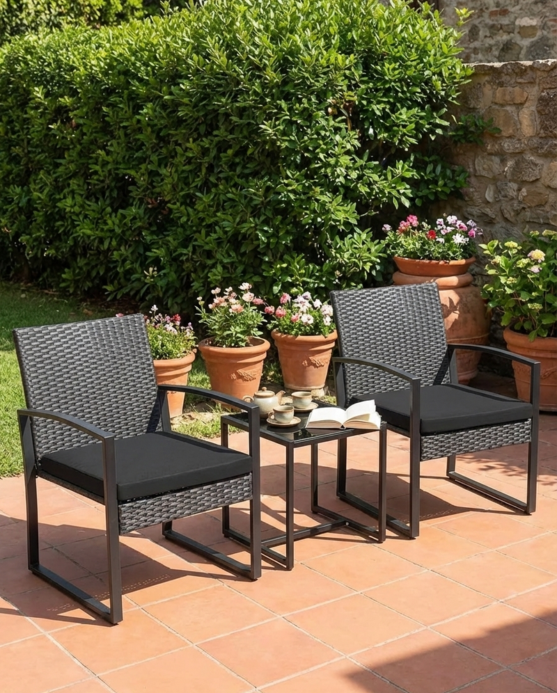 3-Piece Outdoor Patio Furniture Set – Wicker Chairs + Bar Table with Cushions