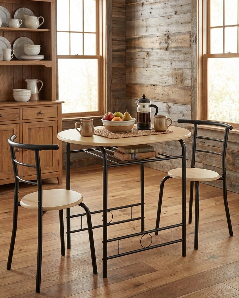 3-Piece Dining Set for 2 – Minimalist Wooden Table + 2 Metal Frame Chairs