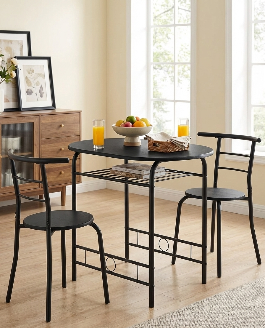 3-Piece Dining Set for 2 – Minimalist Wooden Table + 2 Metal Frame Chairs