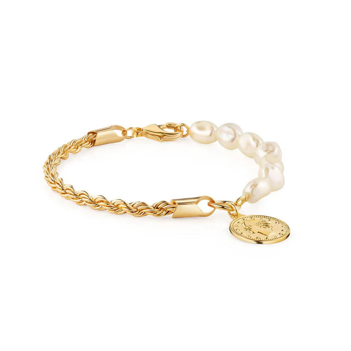 18K Gold Rope and Pearl Bracelet with Coin Charm 8"