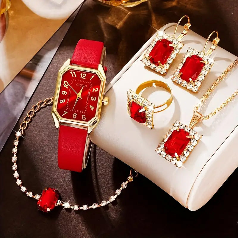 Women's Leather Wrist Watch, Earrings, Bracelet, Necklace and Ring Jewelry Set