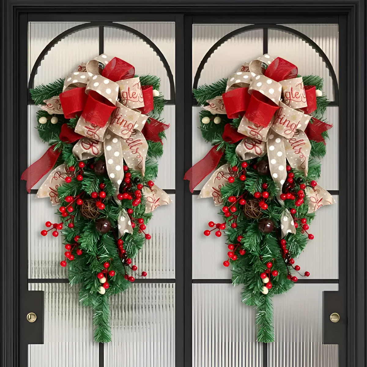Upside Down Christmas Tree Door Swag with Bows and Berries, 60 cm