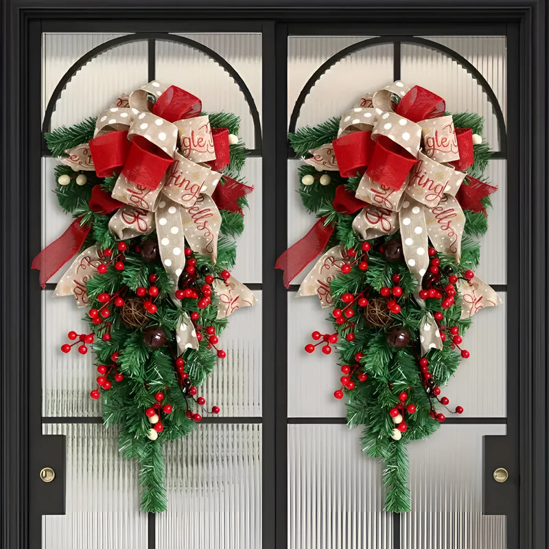 Upside Down Christmas Tree Door Swag with Bows and Berries, 60 cm
