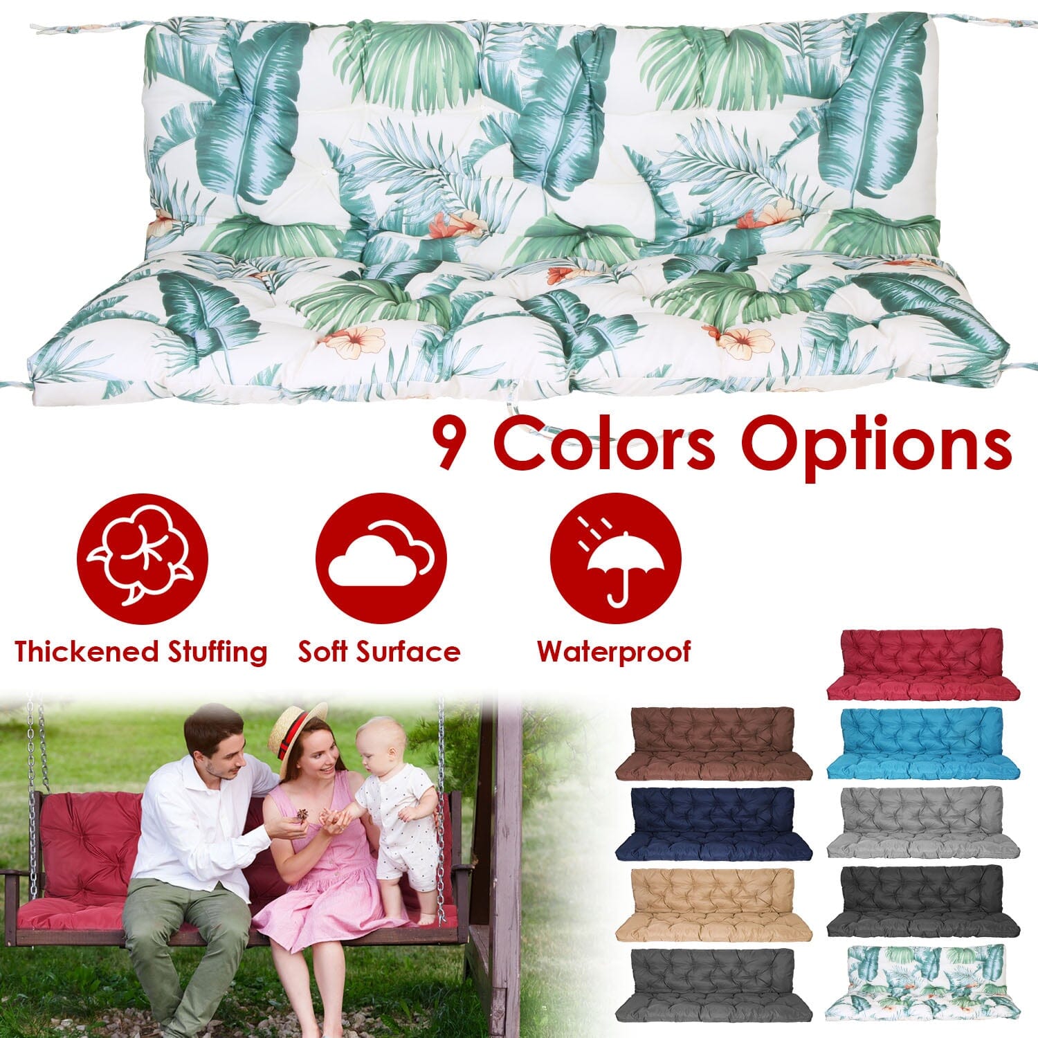 2-3 Seater Swing Cushion Replacement Swing Beach Pads with Backrest 8-Tie Straps Furniture & Decor - DailySale