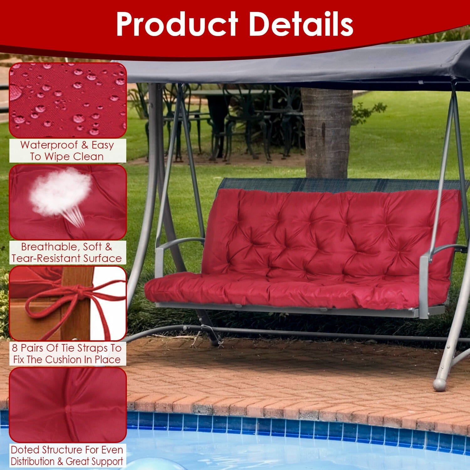 2-3 Seater Swing Cushion Replacement Swing Beach Pads with Backrest 8-Tie Straps Furniture & Decor - DailySale