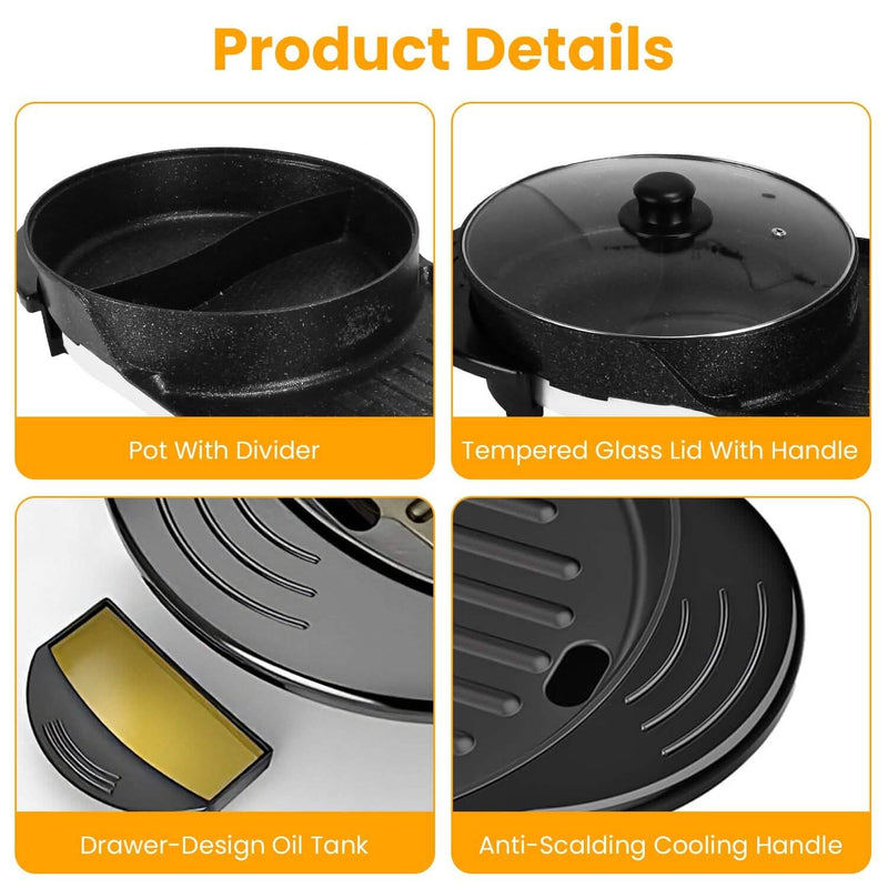 2-in-1 Electric Hot Pot with Bbq Grill Cooker 2200W Kitchen Appliances - DailySale