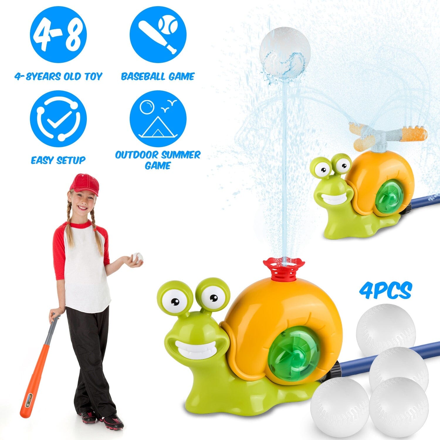 2-in-1 Snail Water Sprinkler Baseball Toy with 2 Sprinkler Nozzles Toys & Games - DailySale