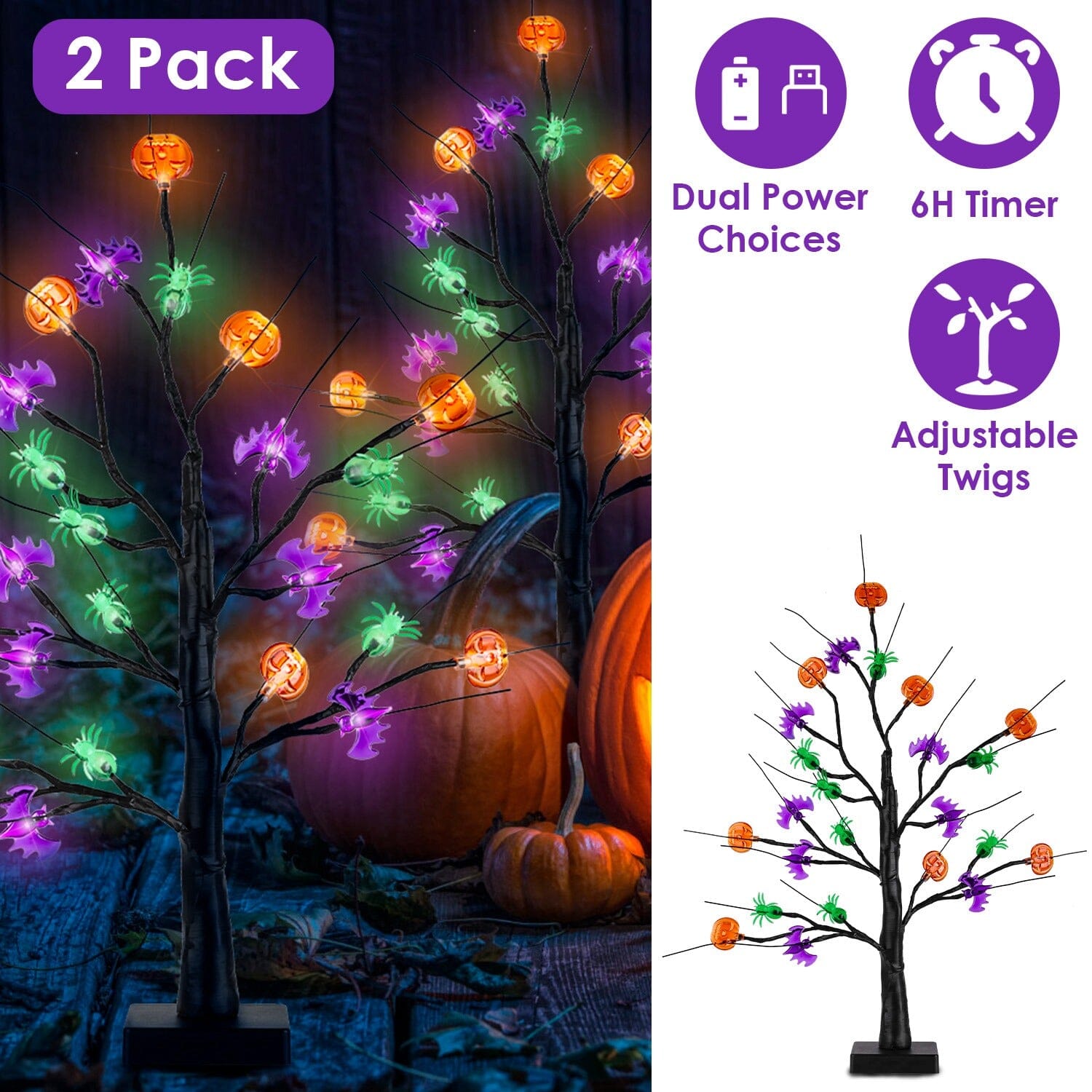 2-Pack: Lighted Halloween Trees with Timer and Adjustable Twigs Holiday Decor & Apparel - DailySale