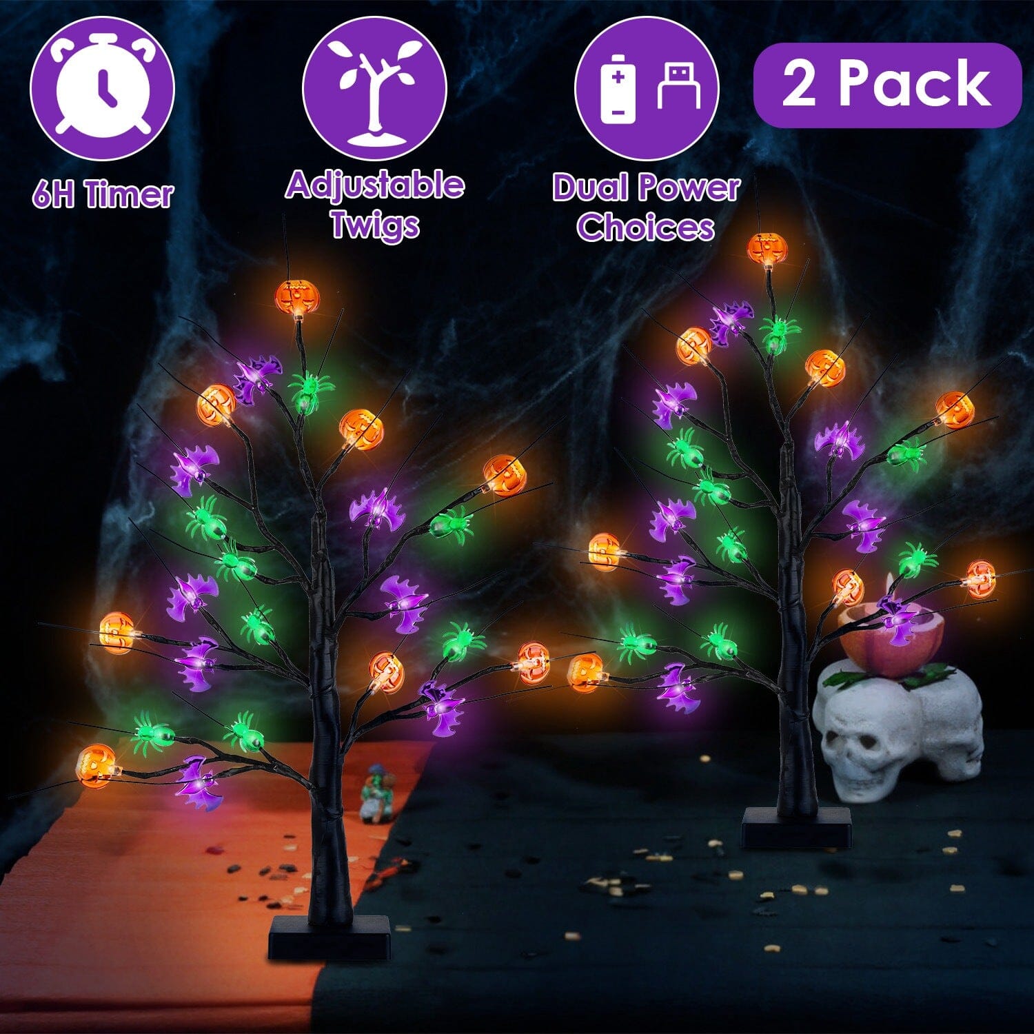 2-Pack: Lighted Halloween Trees with Timer and Adjustable Twigs Holiday Decor & Apparel - DailySale