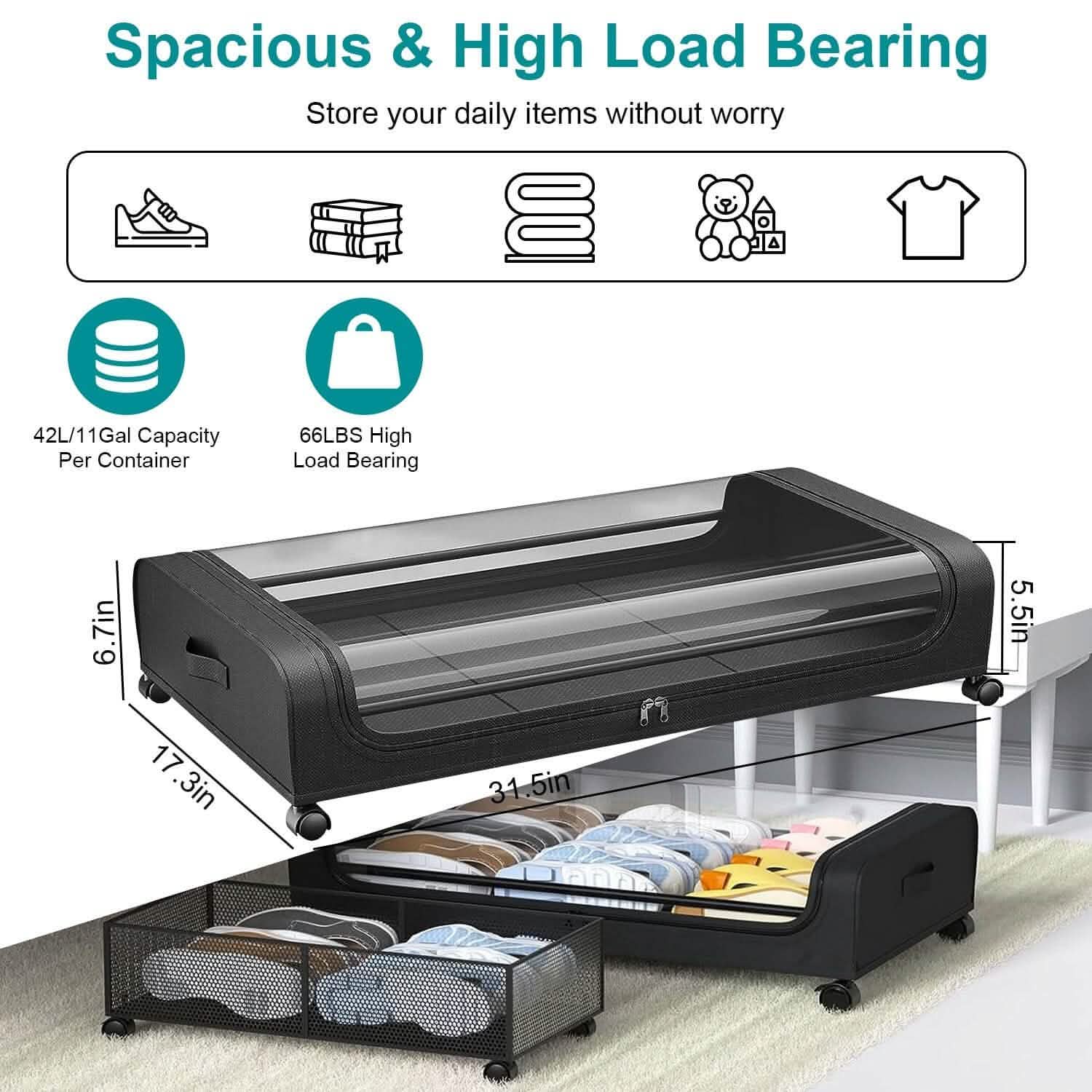Under-Bed Storage Drawer with Wheels Multipurpose with Clear Window & Label
