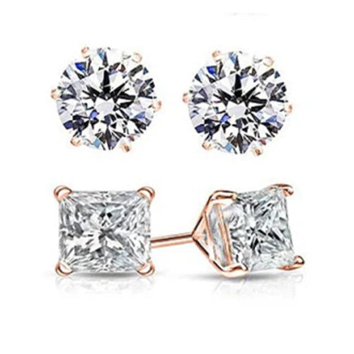 2 Pairs: Round and Princess Cut Rose Gold Stud Earrings Earrings - DailySale