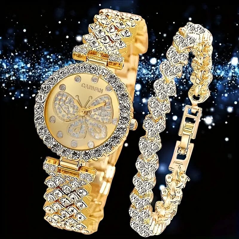 2-Piece Set: Butterfly Quartz Stainless Steel Band Wrist Watch and Bracelet Women's Shoes & Accessories Gold - DailySale