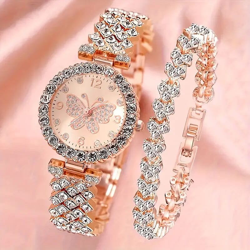 2-Piece Set: Butterfly Quartz Stainless Steel Band Wrist Watch and Bracelet Women's Shoes & Accessories Rose Gold - DailySale