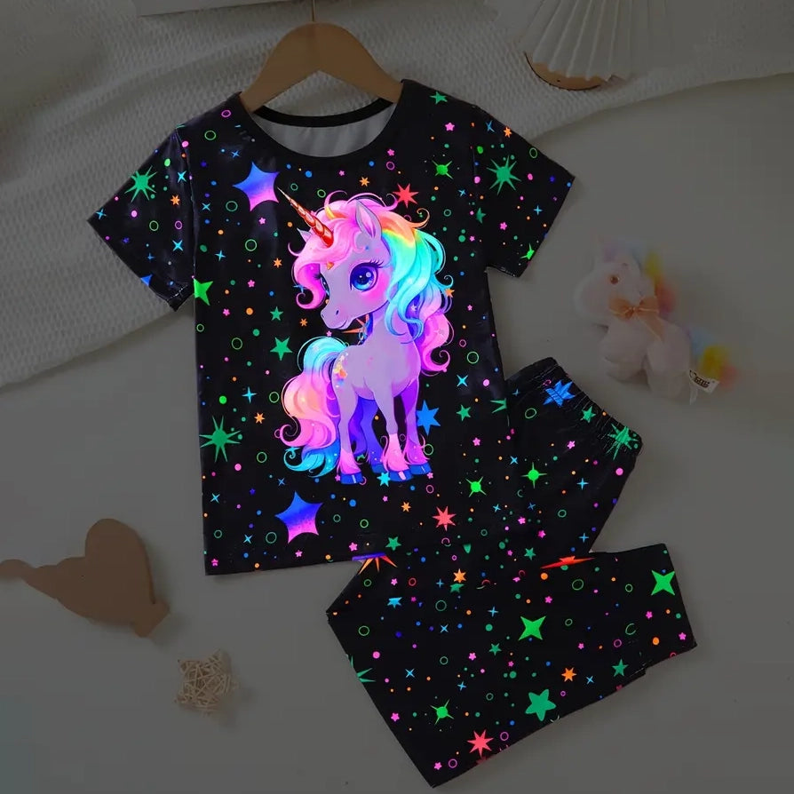 2-Piece Set: Cute Starry Unicorn Pattern Short Sleeve Top + Jogger Pants Co-ords Set Kids' Clothing - DailySale