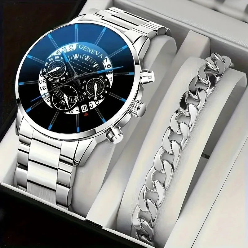 2-Piece Set: Exquisite Men's Quartz Timepieces And Fashionable Stainless Steel Watch Chains Watches - DailySale