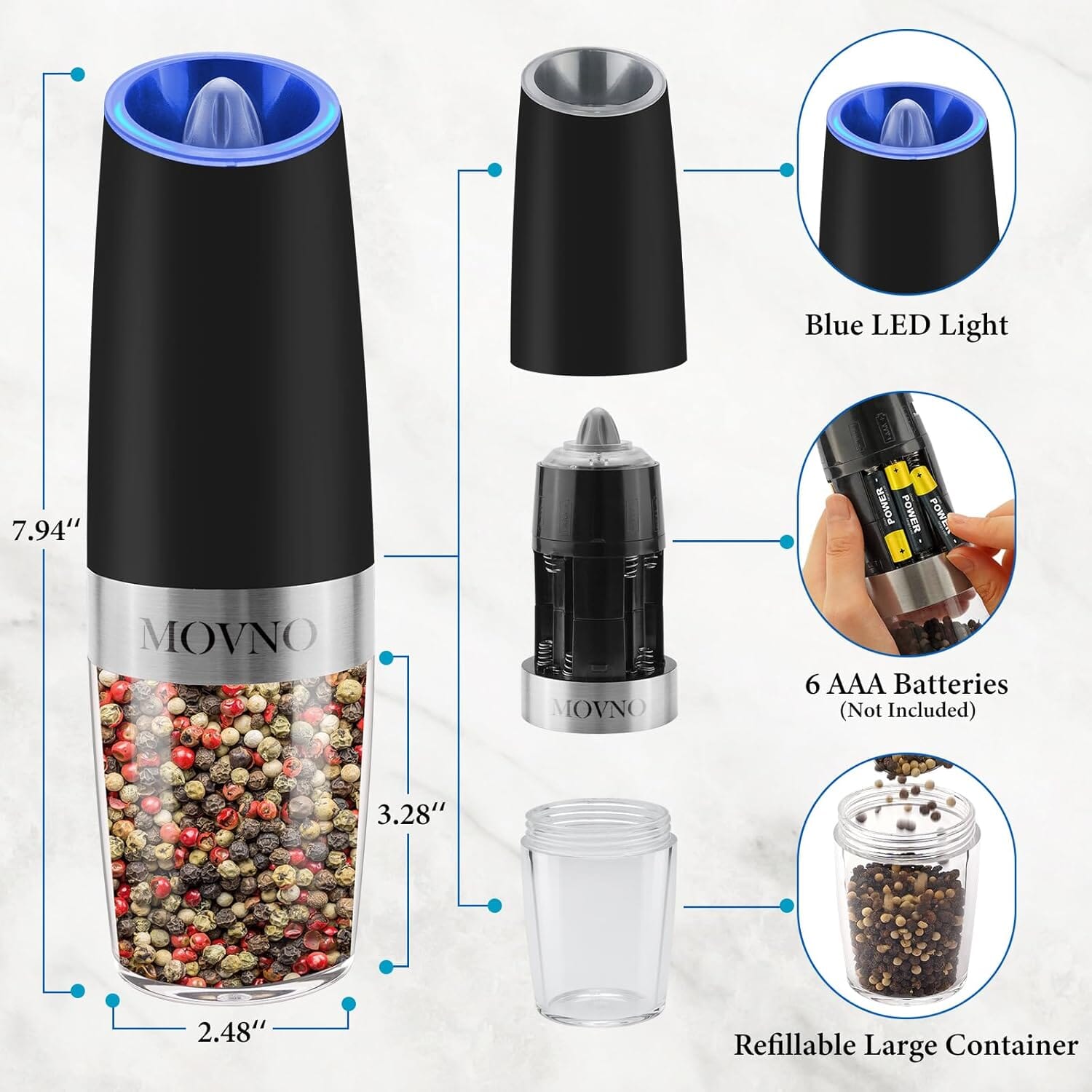 2-Piece Set: Gravity Electric Salt and Pepper Grinder Set, Battery Powered LED Light One Hand Automatic Operation Kitchen Tools & Gadgets - DailySale