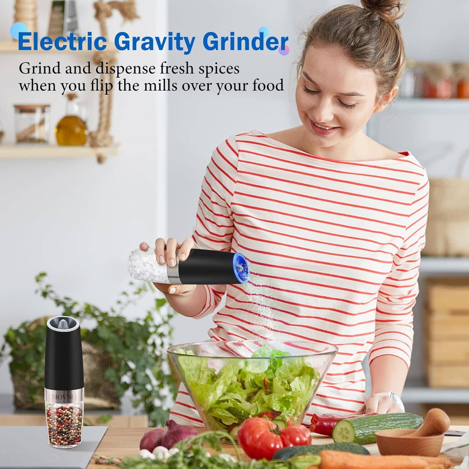 2-Piece Set: Gravity Electric Salt and Pepper Grinder Set, Battery Powered LED Light One Hand Automatic Operation Kitchen Tools & Gadgets - DailySale