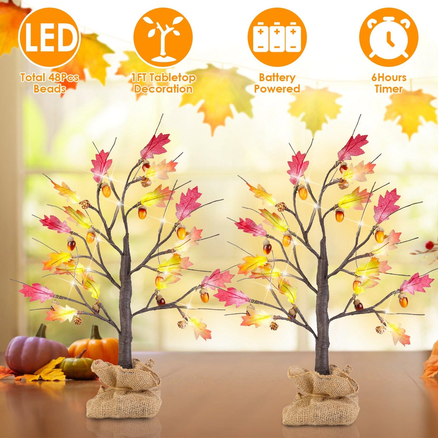 2-Pieces: 2FT Artificial Lighted Maple Tree with 24-Pieces Warm White LED Beads Furniture & Decor - DailySale