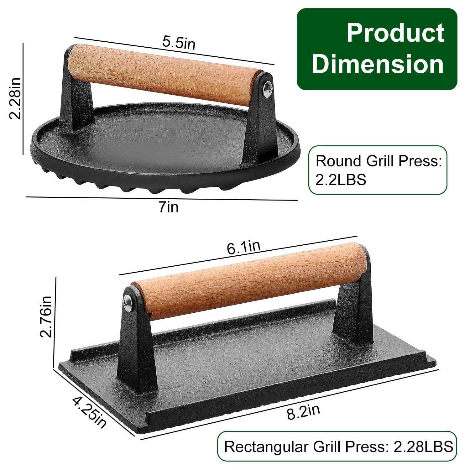 2-Pieces: Cast Iron Grill Press Pre-Seasoned Steak Weights Smash Burger Press Kitchen Tools & Gadgets - DailySale