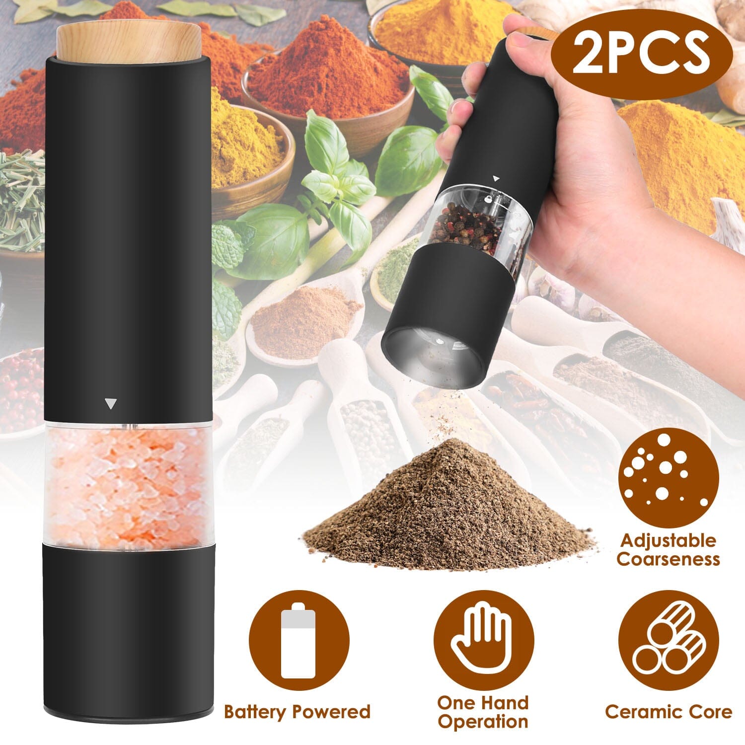 2-Pieces: Electric Salt and Pepper Grinder Battery Powered with Adjustable Coarseness Kitchen Tools & Gadgets - DailySale