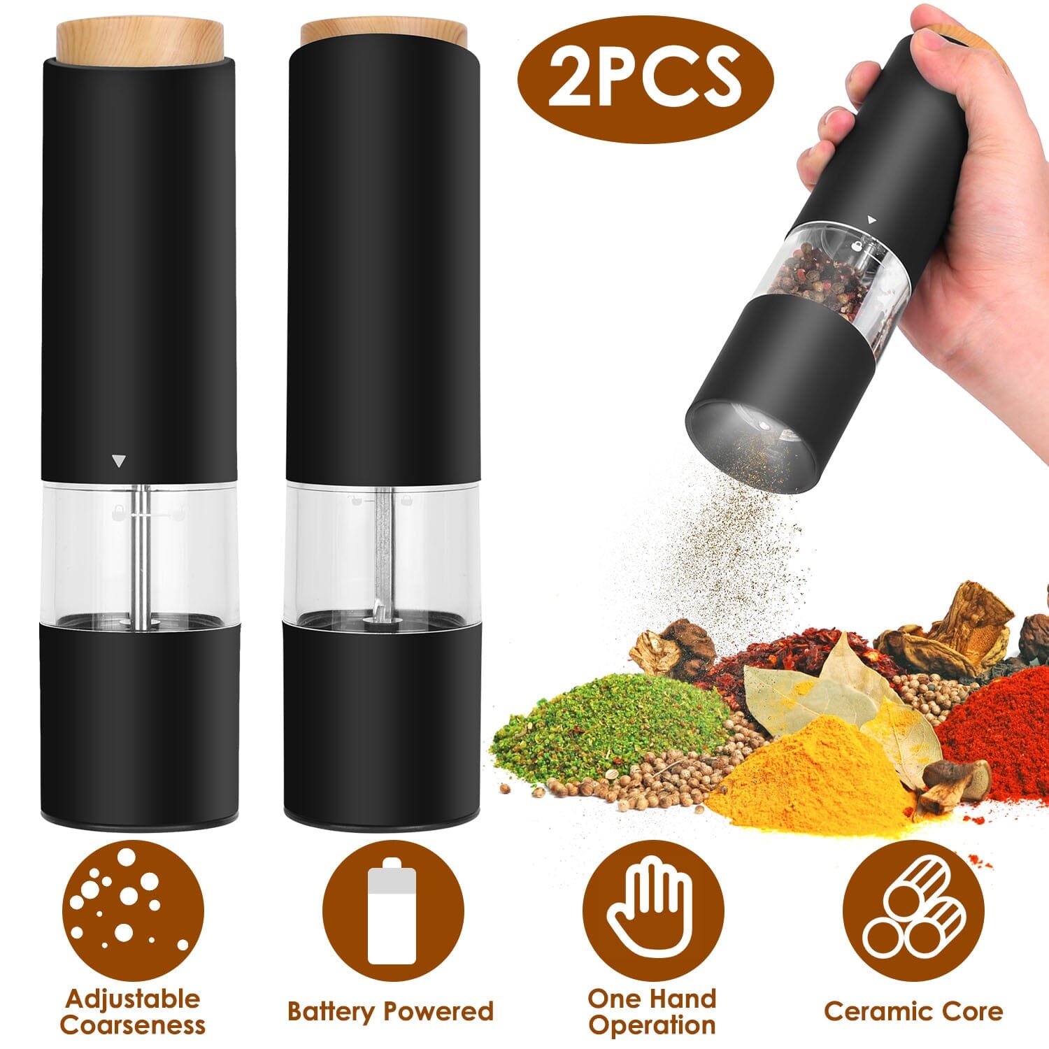 2-Pieces: Electric Salt and Pepper Grinder Battery Powered with Adjustable Coarseness Kitchen Tools & Gadgets - DailySale