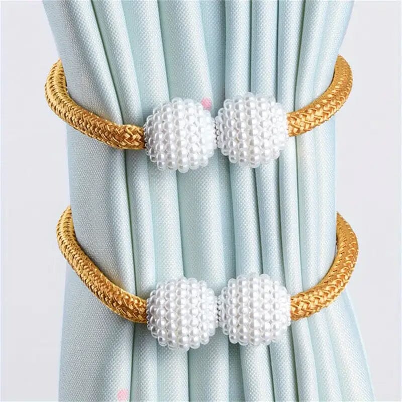 2-Pieces: Magnetic Curtain Tiebacks with Faux Pearls Furniture & Decor Gold - DailySale