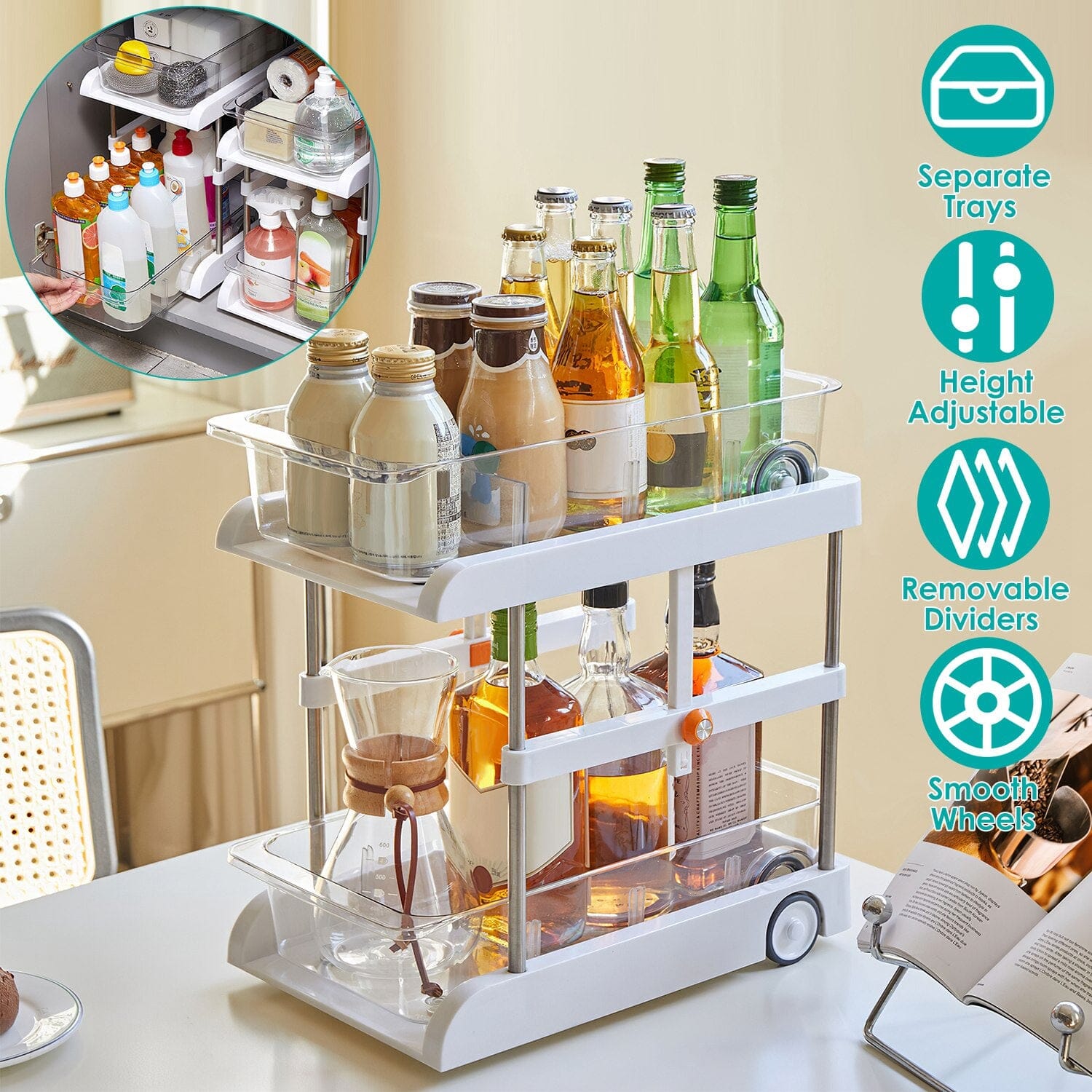 2-Tier Height Adjustable Under Sink Organizer with Flexible Wheels 2 Clear Trays Kitchen Storage - DailySale