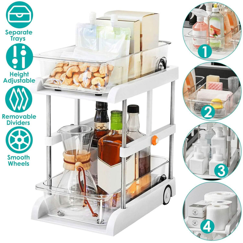 2-Tier Height Adjustable Under Sink Organizer with Flexible Wheels 2 Clear Trays Kitchen Storage - DailySale
