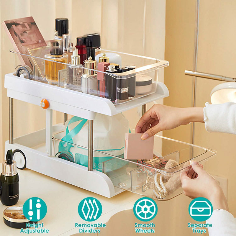 2-Tier Height Adjustable Under Sink Organizer with Flexible Wheels 2 Clear Trays Kitchen Storage - DailySale