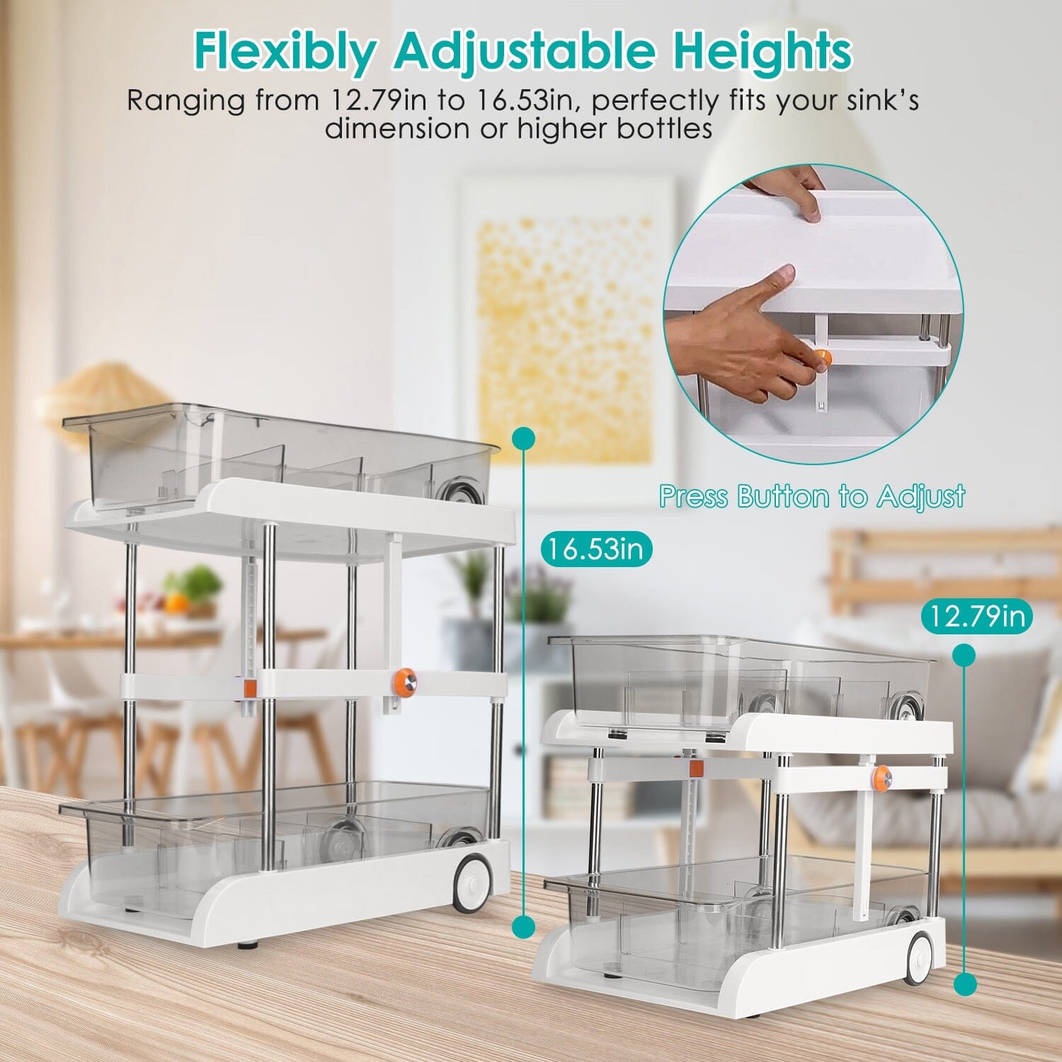 2-Tier Height Adjustable Under Sink Organizer with Flexible Wheels 2 Clear Trays Kitchen Storage - DailySale