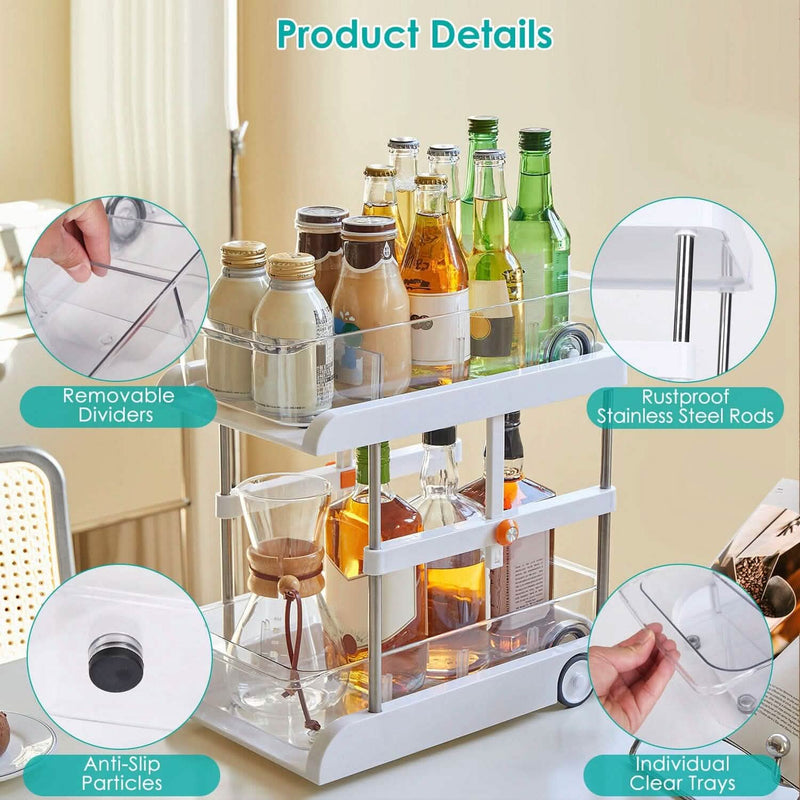 2-Tier Height Adjustable Under Sink Organizer with Flexible Wheels 2 Clear Trays Kitchen Storage - DailySale