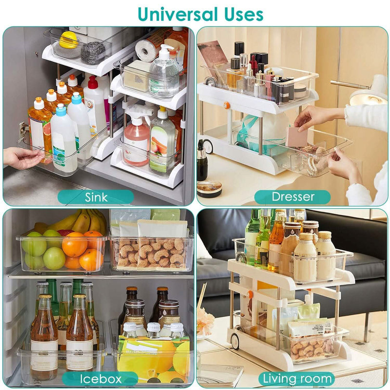 2-Tier Height Adjustable Under Sink Organizer with Flexible Wheels 2 Clear Trays Kitchen Storage - DailySale
