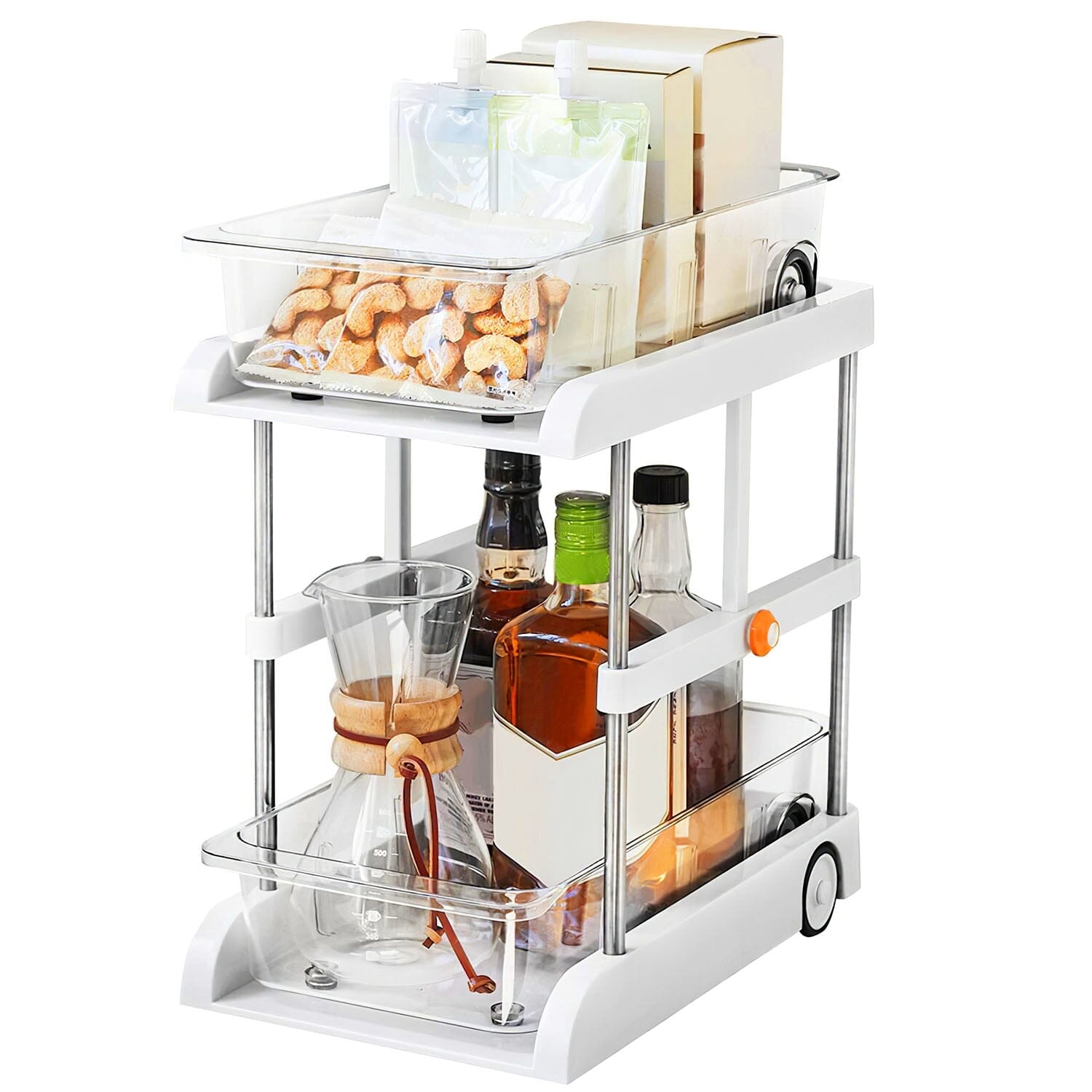 2-Tier Height Adjustable Under Sink Organizer with Flexible Wheels 2 Clear Trays Kitchen Storage - DailySale