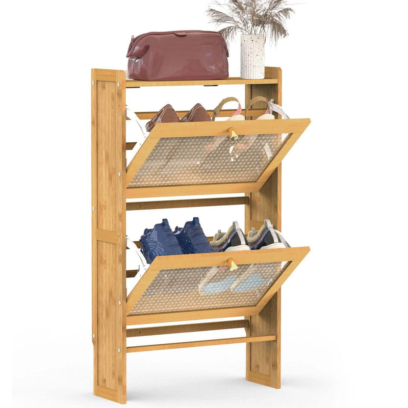2-Tier Shoe Cabinet with 2 Flip Drawers Slim Bamboo Rack Narrow Shoe Organizer Closet & Storage 50cm - DailySale