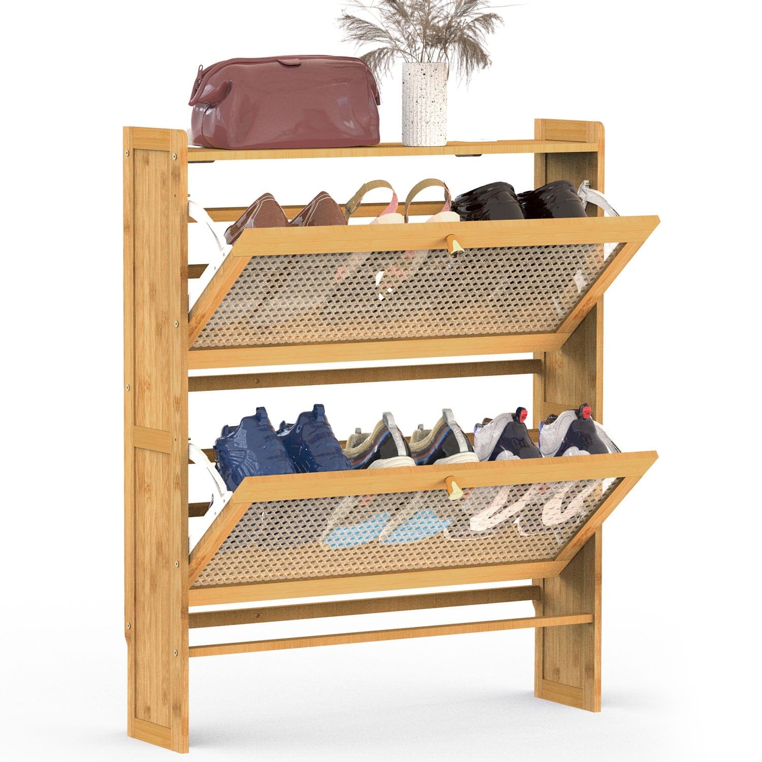 2-Tier Shoe Cabinet with 2 Flip Drawers Slim Bamboo Rack Narrow Shoe Organizer Closet & Storage 70cm - DailySale