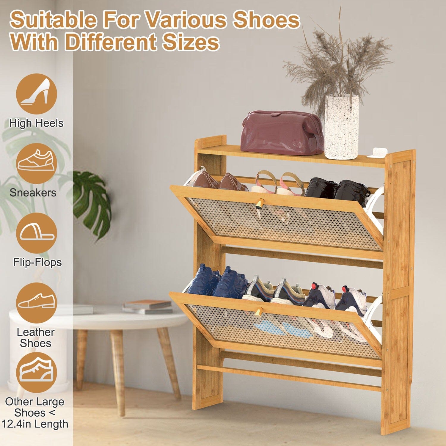 2-Tier Shoe Cabinet with 2 Flip Drawers Slim Bamboo Rack Narrow Shoe Organizer Closet & Storage - DailySale