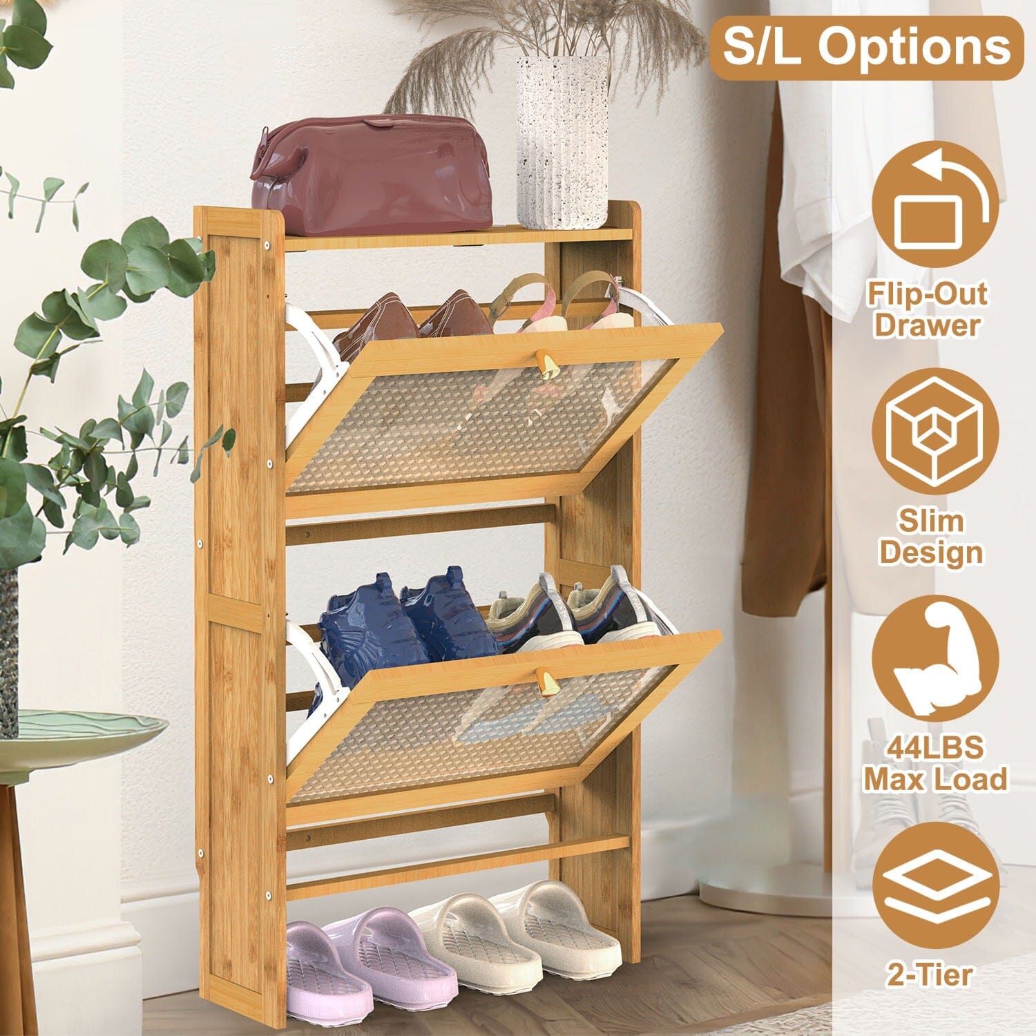 2-Tier Shoe Cabinet with 2 Flip Drawers Slim Bamboo Rack Narrow Shoe Organizer Closet & Storage - DailySale