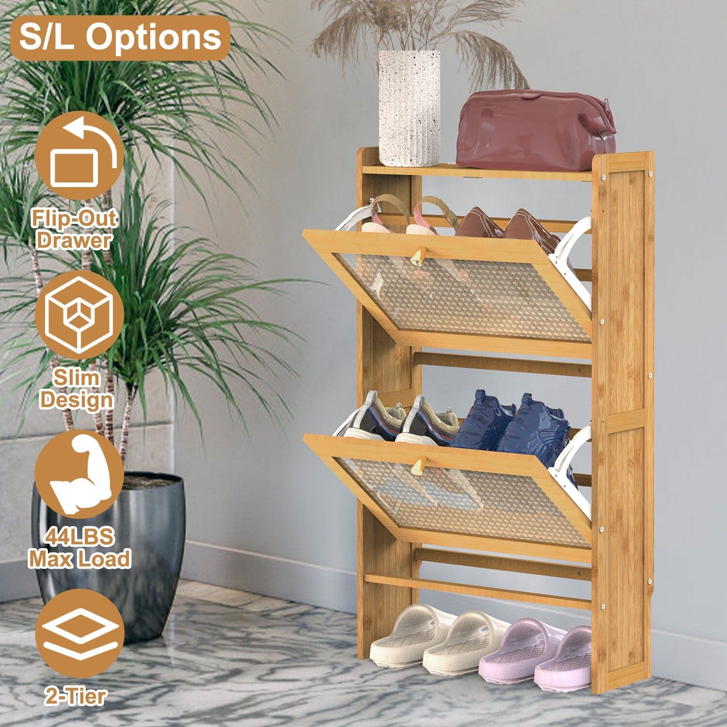 2-Tier Shoe Cabinet with 2 Flip Drawers Slim Bamboo Rack Narrow Shoe Organizer Closet & Storage - DailySale